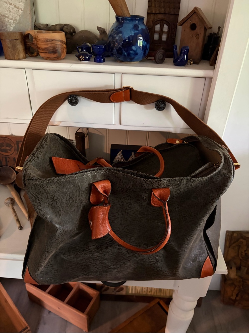 Brics Canvas and Leather Travel Tote Bag - Olive with Tan Accents